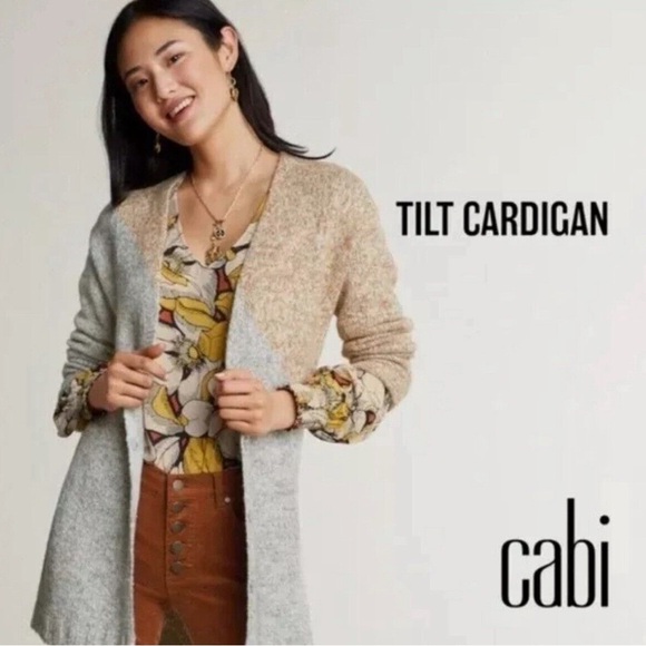 CABI 3886 Tilt Colorblock Cardigan Sweater Gray & Tan Marled Size Med EUC - Picture 1 of 11
